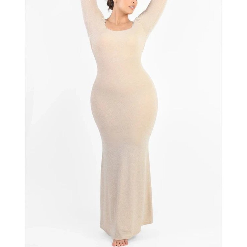 Shapellx PowerConceal Shimmer Full Body Shaper Maxi Dress Gold Champagne Size L‎